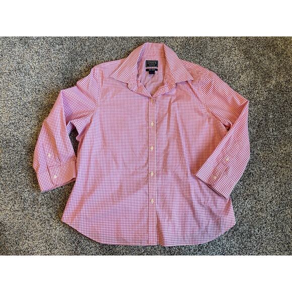 Chaps No Iron Women's Pink White Gingham 3/4 Sleeve Blouse Button-up XLP - Picture 1 of 6